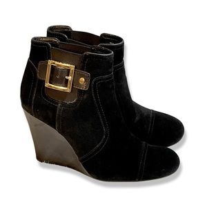Tory Burch Adrienne Suede Black Shoes Leather Wedge Ankle Bootie Heels